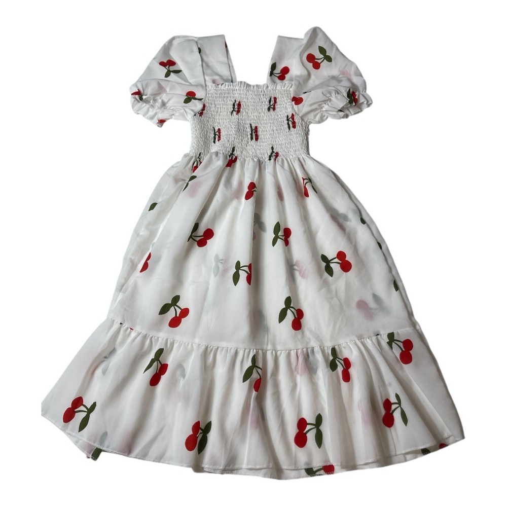 Cherry Print White Midi Dress